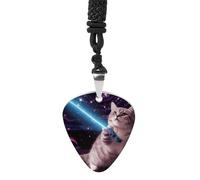 LOKLNEYK Space Laser Cat Novelty Cute Funny Necklaces Guitar Pick Holder Pendant Necklace Stainless Steel R&B Music Jewelry for Music Lover