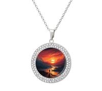 LOKLNEYK Sunset Art Necklace Round Coin Pendant Necklaces Charm Round Pendant Initial Necklaces Fashion Jewelry, One Size, Metal, No Gemstone
