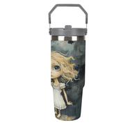 LOKLNEYK Travel Mug Cup Blonde Girl with Big Eyes Stainless Steel Vacuum Water Bottle with Lid and Straw 30 Oz Tumbler with Handle Insulated Tumblers for Gifts Party Office Coffee