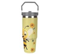 LOKLNEYK Travel Mug Cup Happy Bee Stainless Steel Vacuum Water Bottle with Lid and Straw 30 Oz Tumbler with Handle Insulated Tumblers for Gifts Party Office Coffee