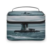 LOKLNEYK Travel Toiletry Bag Large Capacity Cosmetic Bag Leather Toiletry Organizer Waterproof Makeup Bags Portable Makeup Pouch Lighthouse Ocean Shaving Bags Wide-open Travel Bag for Women