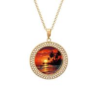 LOKLNEYK Tropical Sunset Necklace Round Coin Pendant Necklaces Charm Round Pendant Initial Necklaces Fashion Jewelry, One Size, Metal, No Gemstone