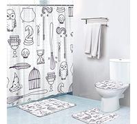 LOKMU 4 Pcs Shower Curtain Sets with Non-Slip Rugs, Toilet Lid Cover and Bath Mat,Witch Birdcage Magic Books Owl Wand Broom Waterproof Shower Curtain with 12 Hooks, Bathroom Decor Sets, 72" x 72"