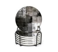 LOKMU Coasters for Drinks,Round Absorbent Ceramic Stone Coaster Sets of 6 with Metal Holder Stand,Black and Grey Abstract Art Coasters with Cork Base for Coffee Wooden Table,Housewarming Gifts