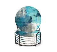 LOKMU Coasters for Drinks,Round Absorbent Ceramic Stone Coaster Sets of 6 with Metal Holder Stand, Turquoise and Grey Abstract Art Coasters with Cork Base for Coffee Wooden Table,Housewarming Gifts