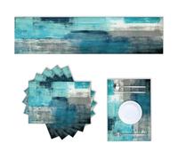 LOKMU Teal and Grey Table Runner and Placemats Set of 6, Abstract Paint Art Home Table Decor for Dining Farmhouse Wedding Party Holiday Dinner, 72x13 inches Table Runner and 6 Placemats