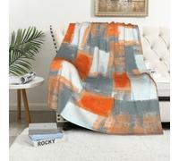 LOKMU Throw Blanket, Orange and Grey White Abstract Art Ultra-Soft Cozy Flannel Blankets, Fuzzy Plush Lightweight Modern Blanket for Couch Sofa Bedding Home Decor, 60" L x 50" W