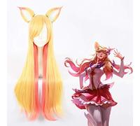 LOL Ahri Fox Star Guardian Long Straight Blonde Pink Mixed Heat Resistant Synthetic Hair Cosplay Halloween + Free Wig Cap