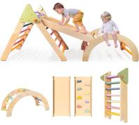 LOL-FUN 3in1 Wooden Climbing Frame for Toddlers, Baby Climbing Toys Pikler Triangle Set with Ramp and Arch, Montessori Indoor Play Jungle Gym for Kids 100x49x11CM Package-Rainbow