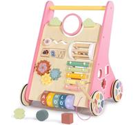 LOL-FUN Wooden Baby Walker for 1 2 Year Olds, Toddler Push Along Walkers with Blocks, Multiple Walking Toys Activity Center for Boys Girls Gift Age 12 Months (Pink)