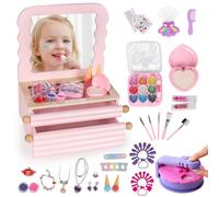 LOL-FUN Wooden Makeup Set for Girls, Kids Vanity Set Role Pretend Play with Accessories, Children Makeup Toy Kit for Girls Gift Age 3 -6 Years Old