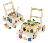 LOL-FUN Wooden Walker for Babies 6-12 Months, Toddler Push Along Walker with Blocks, Carrot Activity Walking Toys for 1 Year Old Boys Girls Gift