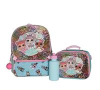 LOL Girl’s 4 Piece Backpack Set, Sequin School Bag with Front Zip Pocket, 2 Side Mesh Pockets, Insulated Lunch Bag, Water Bottle and Squish Ball Dangle, Turquoise Rainbow