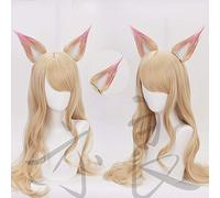 LOL League of Legends KDA Ahri Cosplay Wig Long Straight Blonde Wavy Heat Resistant Synthetic Hair Wigs+ Two Ears + Wig Cap