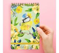Lola Design - Top Spiral Notepad with Elastic Closure, Blue Tit Bird Pattern - Perfect for Jotting Down Notes, Shopping Lists, Reminders - 185x120x10mm, 150 Tear-off Pages