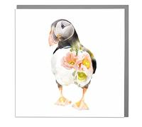 Lola Design - Wildlife Botanical Greeting Cards, Puffin Design - Suitable for Birthdays, Congratulations or Any Special Occasions - Blank Inside with Grey Envelope - 150mm x 150mm