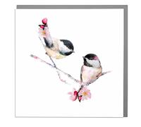 Lola Design - Wildlife Botanical Greeting Cards, Two Chickadees Design - Suitable for Birthdays, Congratulations or Any Special Occasions - Blank Inside with Grey Envelope - 150mm x 150mm