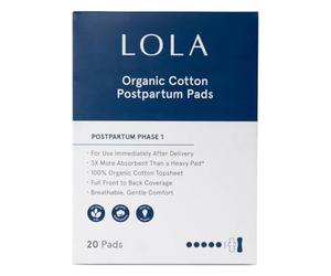 LOLA Organic Cotton Postpartum Pads - 20 Count, Ultra Absorbent and Extra Long Pads, Overnight and Full Coverage, Adult Incontinence Pad for Women, Postpartum Essentials