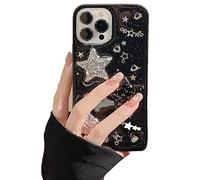LOLAGIGI for iPhone 13 Case Bling Stars 3D Hearts Diamond Twinkle Star Glitter Y2K Spark Luxury Girly Aesthetic Personalized Design for Women Girls Teens Soft Transparent TPU Case, 6.1", Black