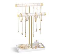 Lolalet 2-Tier Necklace Holder Display, Velvet Wrapped Bracelet Stand with Removable Ring Tray, Tall Jewelry Organizer for Bangles Watches Earrings, Galentines Valentines Gifts for Girls Women -White