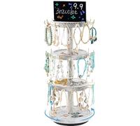 Lolalet 4 Tier Bracelet Holder, Wooden Rotating Jewelry Display Stand with 42 Hooks Jewelry Tray 360 Degrees Rotatable Rustic Tree Storage for Bracelets Key Chains Small Accessories -Vintage White