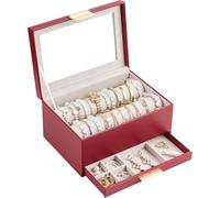 Lolalet Bracelet Organizer Box, Jewelry Display Holder for Bangles Watches, Clear Lid Jewelry Storage Case with Drawer for Women -Wine Red
