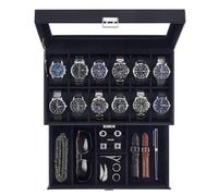 Lolalet Watch Box for Men, 12-Slot Watches Display Case with Drawer | 2-Layer Mens Jewellery Box with Glass Lid, PU Leather Storage Holder, Birthday Anniversary Valentine Gifts Women -Allblack