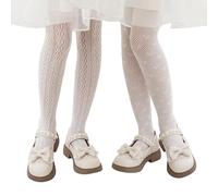 LOLANTA 2 Pairs Girls Patterned Fishnet Tights, Hollow Out Lace Pantyhose for Halloween Cosplay Party, White Flower+White Heart, 3-5 Years, S