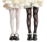 LOLANTA 2 Pairs Girls Patterned Fishnet Tights, Hollow Out Lace Pantyhose for Halloween Cosplay Party, Black Bow+White Bow, 3-5 Years, S