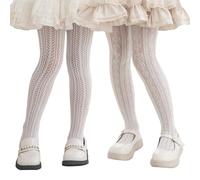 LOLANTA 2 Pairs Girls Patterned Fishnet Tights, Hollow Out Lace Pantyhose for Halloween Cosplay Party, White Heart+White Wheat, 8-12 Years, L