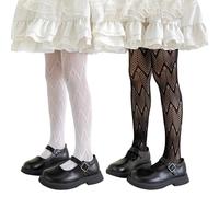 LOLANTA 2 Pairs Girls Patterned Fishnet Tights, Hollow Out Lace Pantyhose for Halloween Cosplay Party, Black Wave+White Wave, 3-5 Years, S