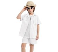 LOLANTA 2 Pieces Boys Linen Shorts Set, Summer Beach Outfits, White Short Sleeve Button-up Shirts and Shorts for Kids(White, 5-6 Years, 120)