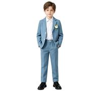 LOLANTA 2PCS Boys Linen Suit Jacket Trousers Set, Kids Linen Formal Suit Blazer & Trousers Set, Wedding Christening Ceremony Prom Suits Birthday Party Pageboy Outfit, HazeBlue, 9-10 Years, 140