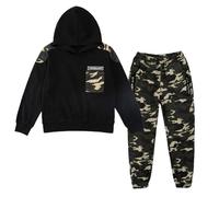 LOLANTA 2PCS Boys Tracksuit Set Hoodie Sweatshirt & Camouflage Cargo Trousers Suit, Black, 6-7 Years, 130