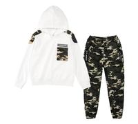 LOLANTA 2PCS Boys Tracksuit Set Hoodie Sweatshirt & Camouflage Cargo Trousers Suit, White, 8-9 Years, 140