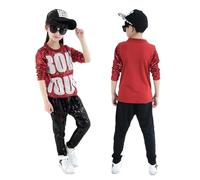 LOLANTA 2PCS Kids Sequin Retro Hip Hop Dance Costume Street Dancewear Ballroom Modern Jazz Clothing Disco Sparkly Top Trousers Set, Red, 6-7 Years, 130
