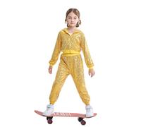 LOLANTA 2PCS Kids Sequins Hip Hop Dance Costume Street Dancewear Long Sleeve Hooded Jacket & Trousers Set, Gold, 10-11 Years, 150
