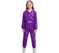LOLANTA 2PCS Kids Sequins Hip Hop Dance Costume Street Dancewear Long Sleeve Hooded Jacket & Trousers Set, Purple, 6-7 Years, 130