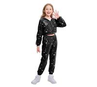 LOLANTA 2PCS Kids Sequins Hip Hop Dance Costume Street Dancewear Long Sleeve Hooded Jacket & Trousers Set, Black, 12-13 Years, 170