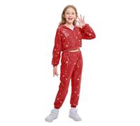LOLANTA 2PCS Kids Sequins Hip Hop Dance Costume Street Dancewear Long Sleeve Hooded Jacket & Trousers Set, Red, 8-9 Years, 140