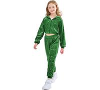LOLANTA 2PCS Kids Sequins Hip Hop Dance Costume Street Dancewear Long Sleeve Hooded Jacket & Trousers Set, Green, 12-13 Years, 170