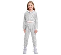 LOLANTA 2PCS Kids Sequins Hip Hop Dance Costume Street Dancewear Long Sleeve Hooded Jacket & Trousers Set, Silver, 11-12 Years, 160