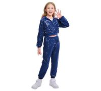 LOLANTA 2PCS Kids Sequins Hip Hop Dance Costume Street Dancewear Long Sleeve Hooded Jacket & Trousers Set, Blue, 5-6 Years, 120