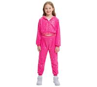 LOLANTA 2PCS Kids Sequins Hip Hop Dance Costume Street Dancewear Long Sleeve Hooded Jacket & Trousers Set, Rosered, 11-12 Years, 160