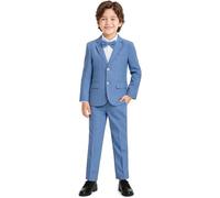 LOLANTA 3-Piece Boys' Dusty Blue Plaid Suit Set, Page Boy Wedding Outfit with Blazer, Trousers & Bow Tie(Dusty Blue,4-5 Years,Tag 110)