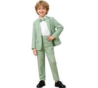 LOLANTA 3-Piece Boys' Green Plaid Suit Set, Page Boy Wedding Outfit with Blazer, Trousers & Bow Tie(LightGreen,7-8 Years,Tag 130)