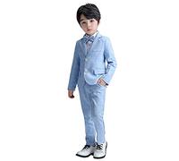 LOLANTA 3PCS Page Boys Plaid Suit, Wedding Prom Smart Blazer, Formal Wear Jacket Trousers Bow Tie Set(Blue,7-8 Years,Tag 130)