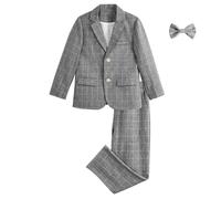 LOLANTA 3PCS Page Boys Plaid Suit, Wedding Prom Smart Blazer, Formal Wear Jacket Trousers Bow Tie Set(Darkgray,7-8 Years,Tag 130)