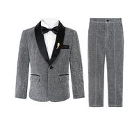 LOLANTA 4-Piece Boys Suit, Kids Tuxedo Suit Set, Boys Glitter Prom Party Suit, Page Boy Wedding Outfit Blazer Pants Shirt Bow Tie(Darkgrey, 7-8 Years, 130)