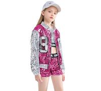 LOLANTA 4-Piece Girls Hip Hop Sequins Costume, Sparkly Graphic Jacket, Shiny Crop Tank Top, Metallic Shorts, Rose red, 11-12 Years, 160